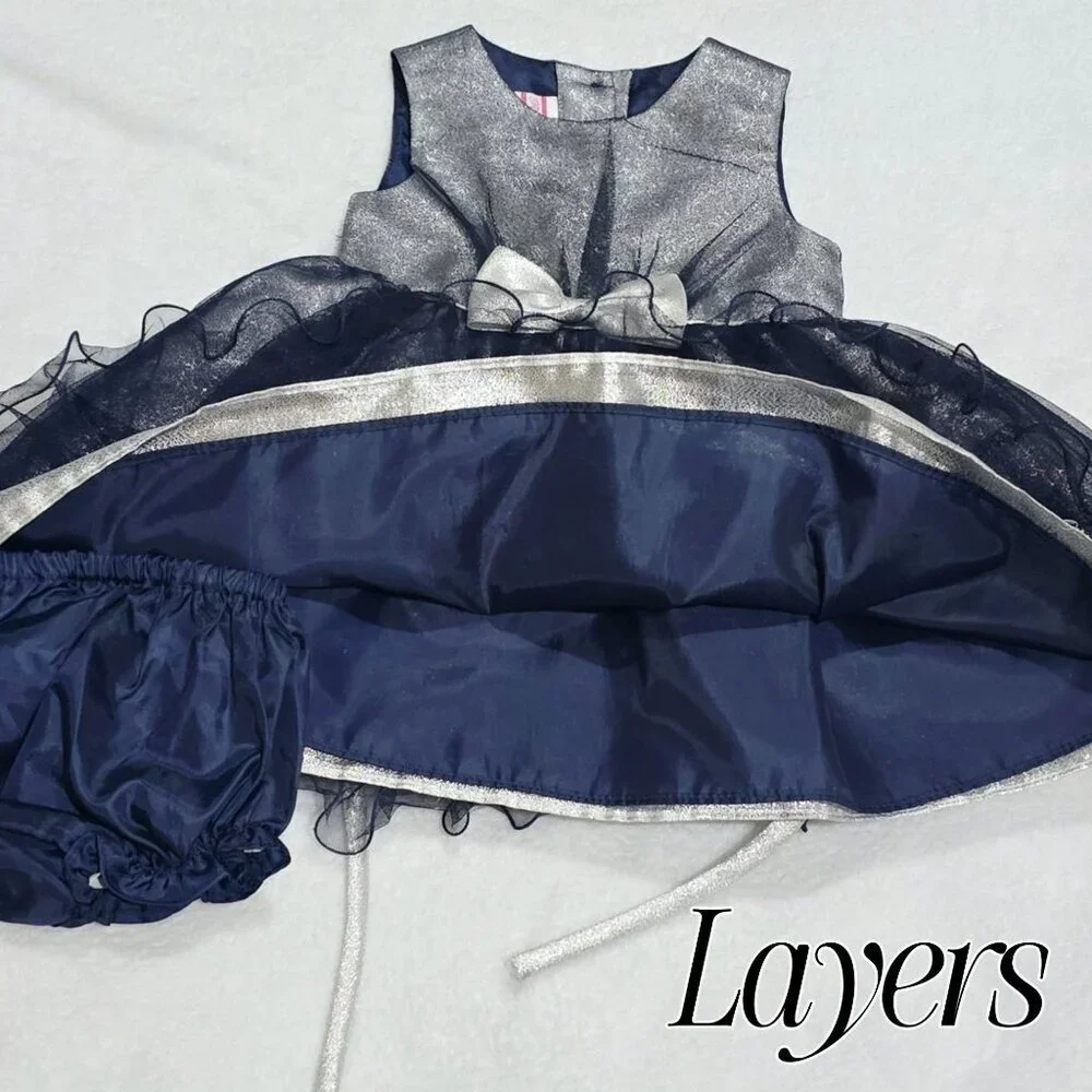 Rosenau Baby Dress Set 18M Silver Metallic Bodice Navy Mesh Skirt Bloomers EUC